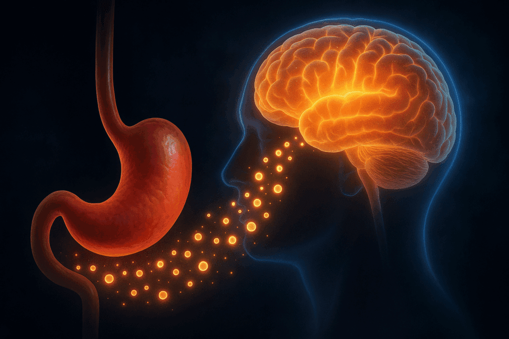 An artistic illustration showing the stomach releasing ghrelin hormone particles into the bloodstream, highlighting the connection between gut and brain. The glowing brain responds to the hormonal signal, symbolizing how to turn off hunger hormones naturally.