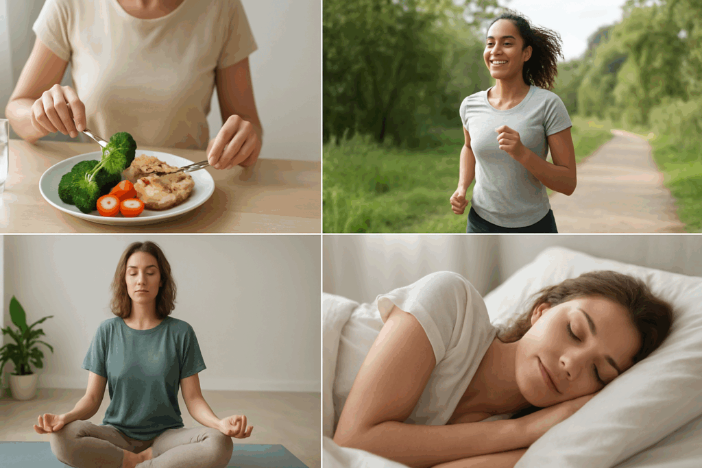 Collage showing healthy habits for turning off hunger hormones naturally: a person eating a balanced meal with vegetables, a woman jogging outdoors, a person meditating, and a peaceful sleeper.