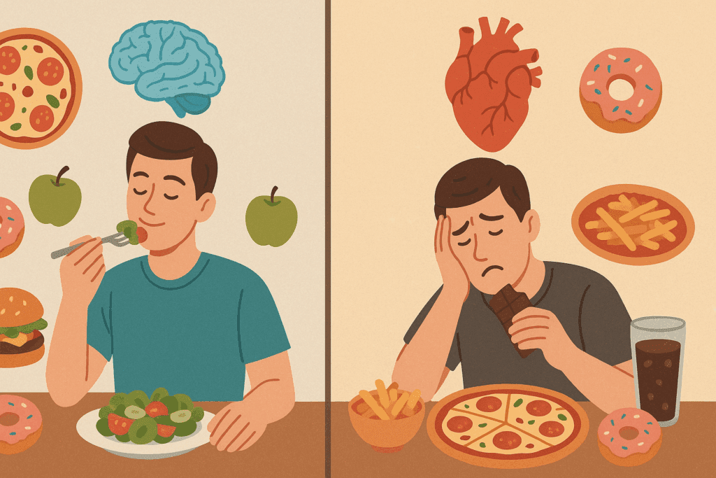 Conceptual split illustration depicting the contrast between mindful eating and emotional eating, with the focus on how to turn off hunger hormones naturally. On the left, a person practices mindful eating with a healthy salad, while on the right, the same person indulges in comfort foods like pizza and chocolate, with brain and heart symbols reflecting the cognitive-emotional influence on hunger perception.