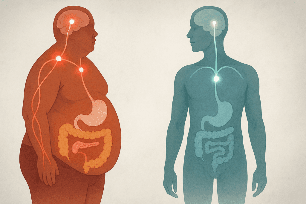 Comparison of two human figures showing hormonal balance and hunger signals. On the left, imbalanced hormones (red glowing signals), excessive fat storage, and insulin resistance are illustrated, while the figure on the right shows balanced hormones (green/blue glow), improved satiety cues, and healthier body composition. This visual demonstrates how to turn off hunger hormones naturally for better metabolic health and obesity management