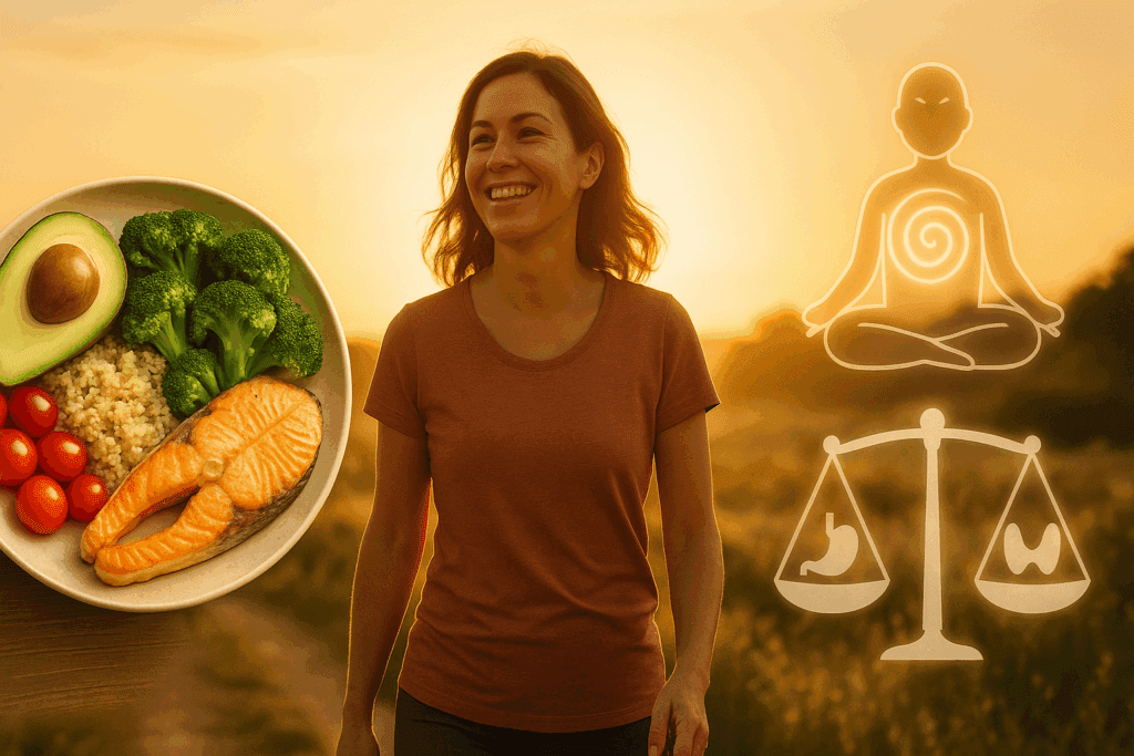 Balanced plate of whole foods including salmon, broccoli, avocado, and quinoa, with a smiling woman walking outdoors at sunrise, symbolizing how to turn off hunger hormones naturally through healthy living, nutrition, and inner balance