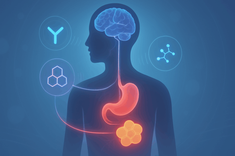 Stylized human silhouette with glowing pathways connecting the brain, stomach, and fat cells, illustrating the concept of how to turn off hunger hormones naturally. Abstract hormone icons are shown emitting signals between organs, representing appetite regulation and hormonal balance in a modern, cool-toned medical illustration