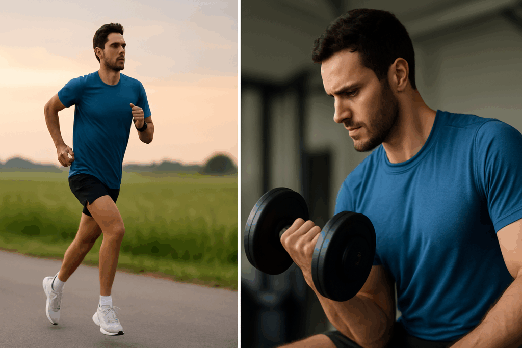 Man running outdoors and lifting weights indoors to illustrate how long does it take to build endurance and stamina through cardio and strength training.
