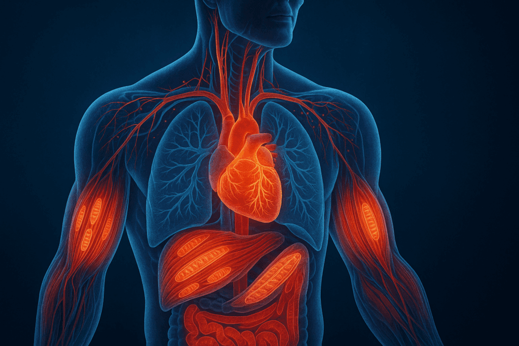 Digital illustration of the human body highlighting heart, lungs, and muscle fibers glowing to show how long does it take to build endurance and stamina