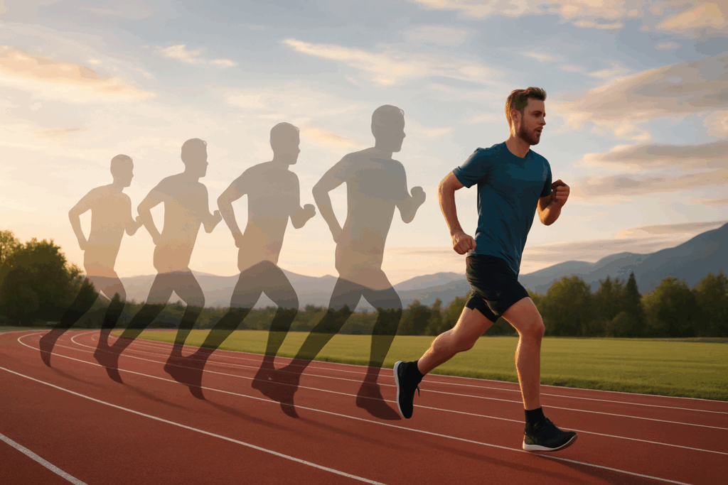 Runner on outdoor track with motion silhouettes behind him symbolizing weekly progress, showing how long does it take to build endurance and stamina.