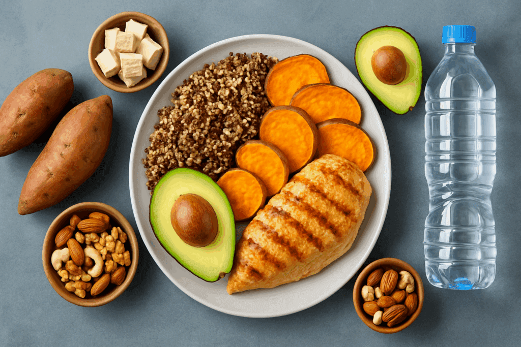Balanced athlete’s plate with quinoa, grilled chicken, sweet potatoes, avocado, nuts, and electrolyte water for building endurance and stamina—ideal for answering how long does it take to build endurance and stamina.