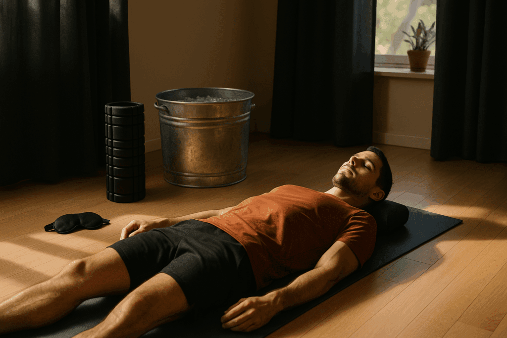 Athlete resting on a yoga mat in a sunlit room with foam roller and ice bath, showing how long does it take to build endurance and stamina through recovery.