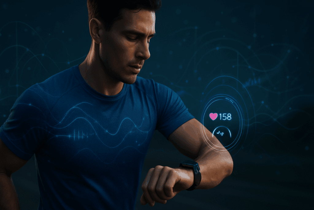 Runner checking smartwatch with glowing fitness metrics during night workout, illustrating how long does it take to build endurance and stamina.