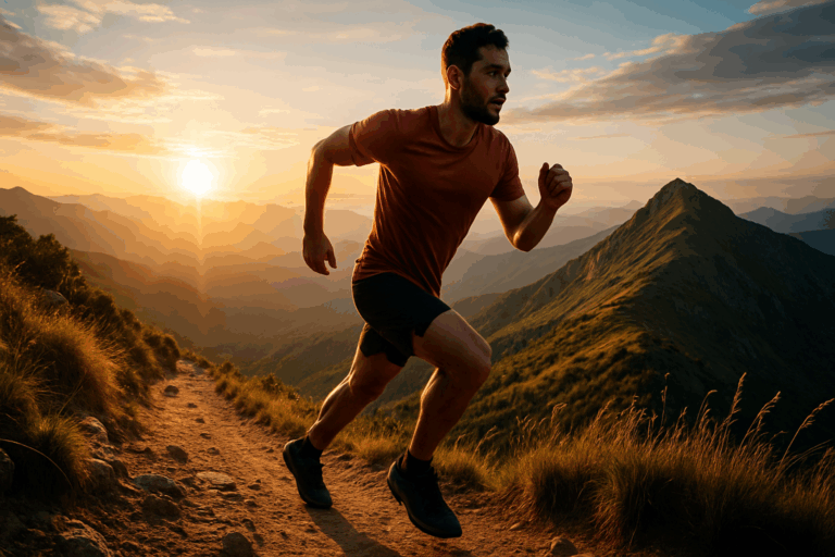 Trail runner powering uphill at sunrise through mountain terrain, symbolizing how long does it take to build endurance and stamina