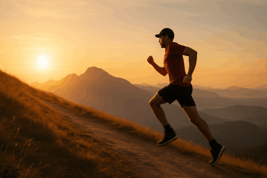 Runner climbing a mountain trail at sunrise, symbolizing how long does it take to get better at running with persistence and determination.