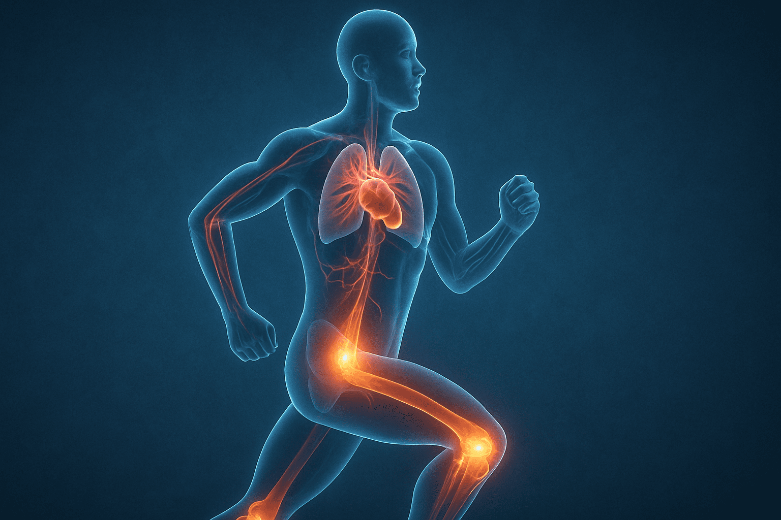 Runner mid-stride with glowing cardiovascular, respiratory, and musculoskeletal systems, illustrating how long does it take to get better at running through physiological adaptation