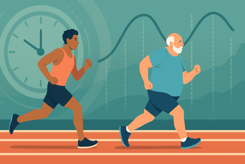 Two runners of different ages and body types jogging on parallel tracks with abstract clock and data graphics in the background, symbolizing how long does it take to get better at running