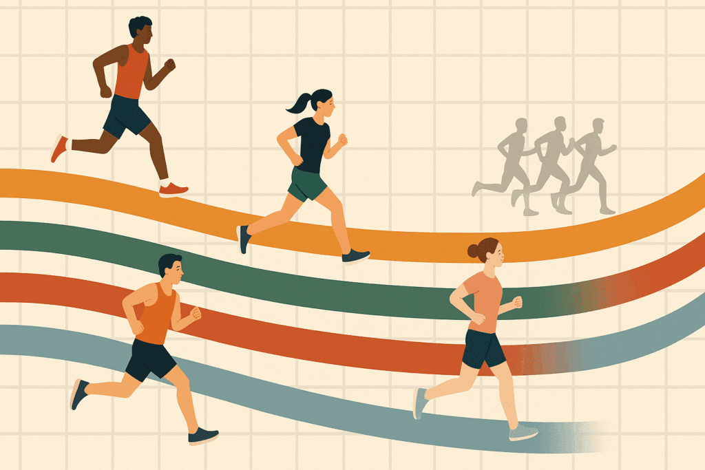 Illustration of runners training on separate tracks for long runs, intervals, tempo, and recovery—visualizing how long does it take to get better at running