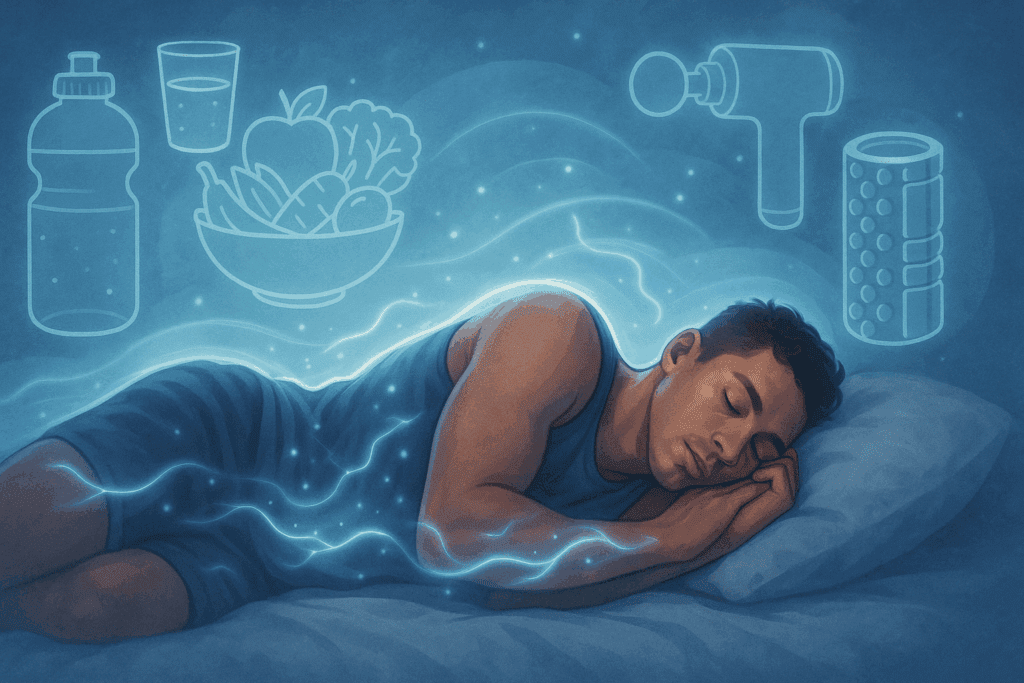 Sleeping athlete surrounded by icons of healthy food, hydration, and recovery tools, symbolizing how long does it take to get better at running through rest and nutrition.