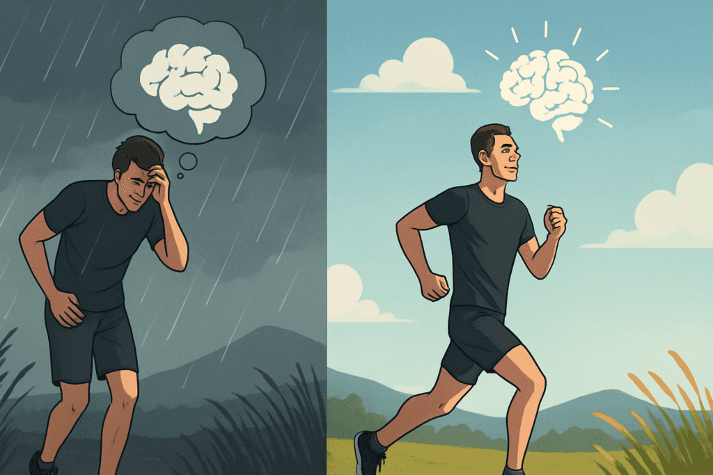 Split scene showing a runner struggling in rain and later thriving under clear skies, symbolizing mental progress tied to how long does it take to get better at running