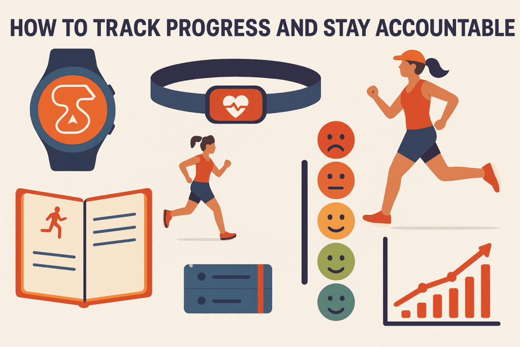 Infographic showing tools like GPS watch, heart rate monitor, journal, and progress chart used to track running performance, supporting how long does it take to get better at running