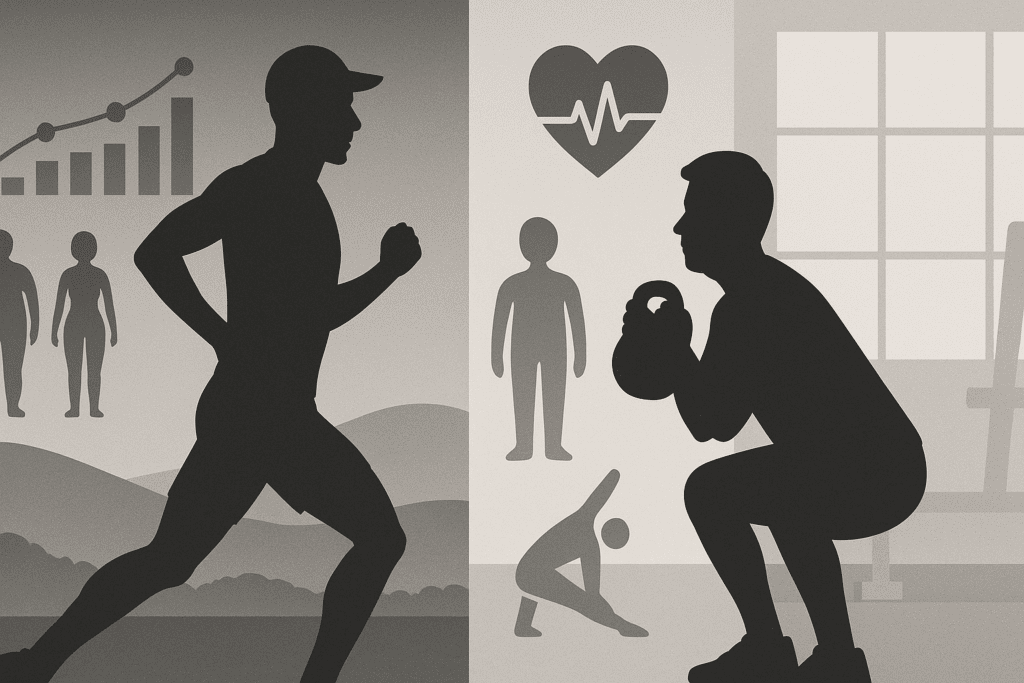 Conceptual fitness collage showing VO2 max charts, body composition silhouettes, heart rate visuals, and flexibility icons with a split-screen of an endurance athlete and a beginner in a gym, illustrating the concept of 'how long does it take to get in shape' through contrasting fitness levels and training progress