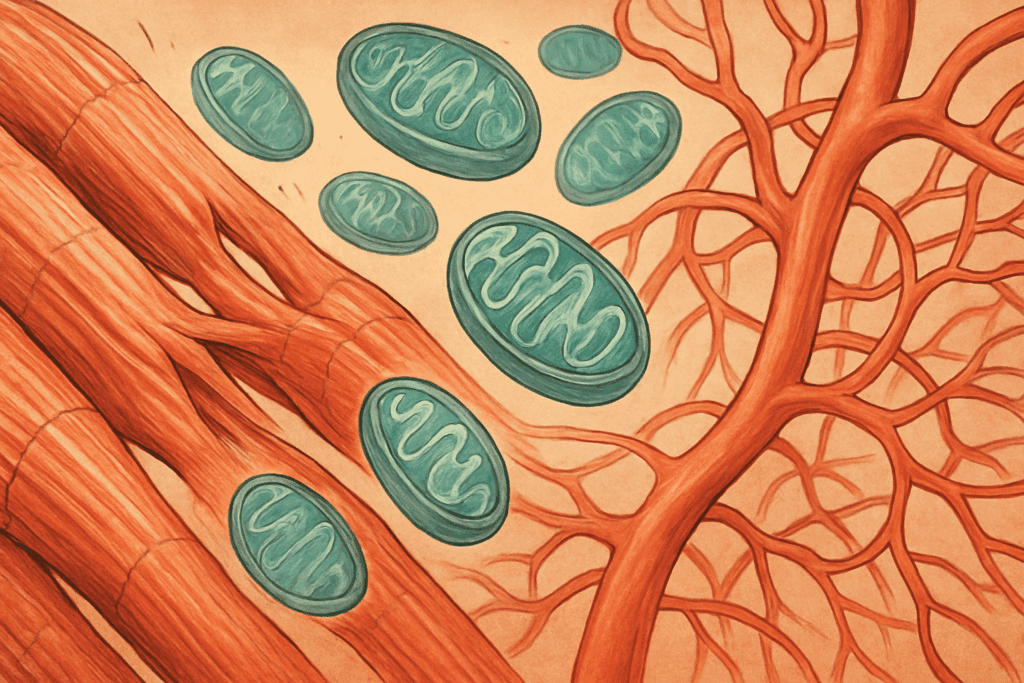 Muscle fibers, mitochondria, and blood vessels inside the human body adapting to exercise, illustrating how long it takes to get in shape by showing cellular changes during physical activity