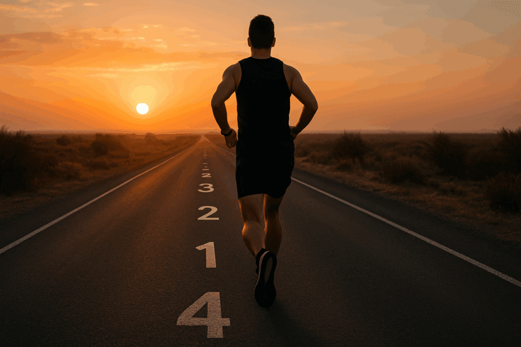 A determined endurance athlete running alone on a long road during sunrise, with fading distance markers in the background, symbolizing progression. The image conveys the dedication and time needed for building cardiovascular fitness, answering the question of how long does it take to get in shape.