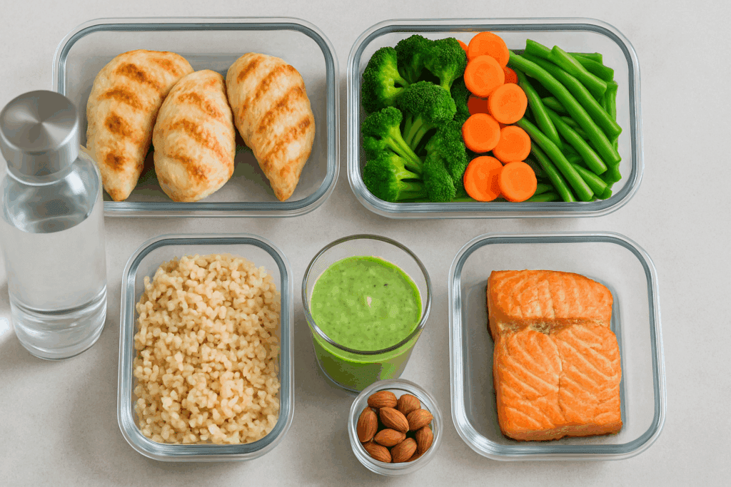 Balanced meal prep spread featuring lean proteins, vegetables, healthy fats, whole grains, and hydration, showcasing how long does it take to get in shape with a nutritious, portioned approach