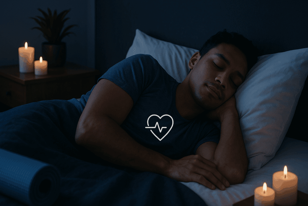 Person peacefully sleeping in a dark bedroom, with subtle indicators of recovery like a heart rate monitor, and side elements symbolizing mindfulness and low stress such as yoga mat and candles, illustrating how long does it take to get in shape