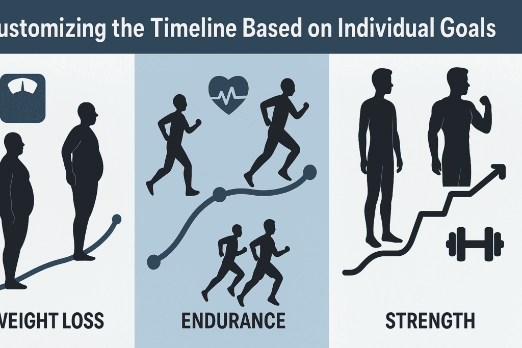 Diagram showing three fitness timelines for different goals: weight loss, endurance, and strength. The weight loss timeline shows steady progress, endurance features a multi-phase path, and strength includes visible muscle gains with plateaus. Each timeline is represented with icons and body silhouettes, illustrating how long it takes to get in shape based on individual fitness goals
