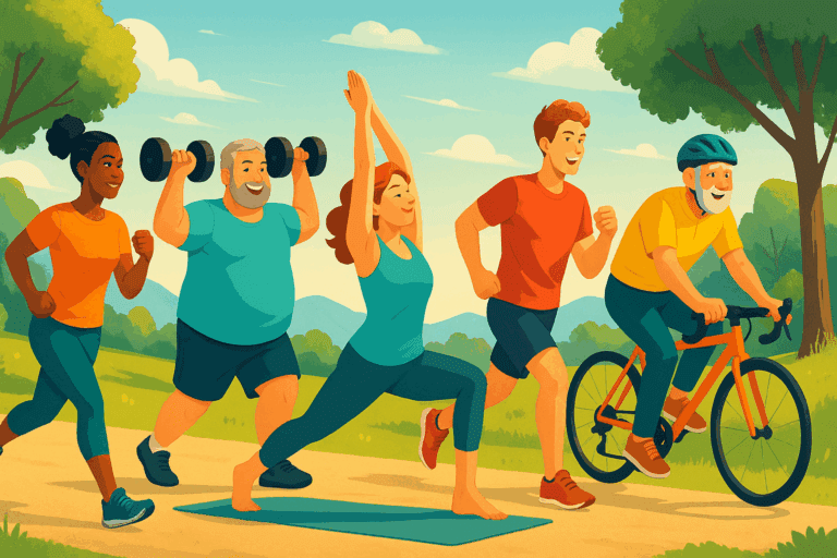 Group of diverse people engaging in outdoor fitness activities like running, yoga, cycling, and weightlifting in a park, showcasing vitality and effort in a natural setting. This highlights the concept of 'how long does it take to get in shape' through varied physical exercises