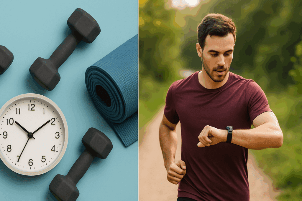 How Many Hours a Week Should You Work Out? Expert Insights on Exercise Time, Weight Maintenance, and Cardio Twice a Day 1 Split image showing a clock with workout gear and a runner checking a smartwatch, illustrating how many hours a week should you work out.