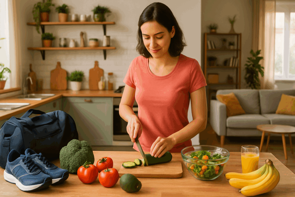 How Many Hours a Week Should You Work Out? Expert Insights on Exercise Time, Weight Maintenance, and Cardio Twice a Day 2 Woman preparing healthy food in a bright kitchen with gym gear nearby, illustrating how many hours a week should you work out for balanced living