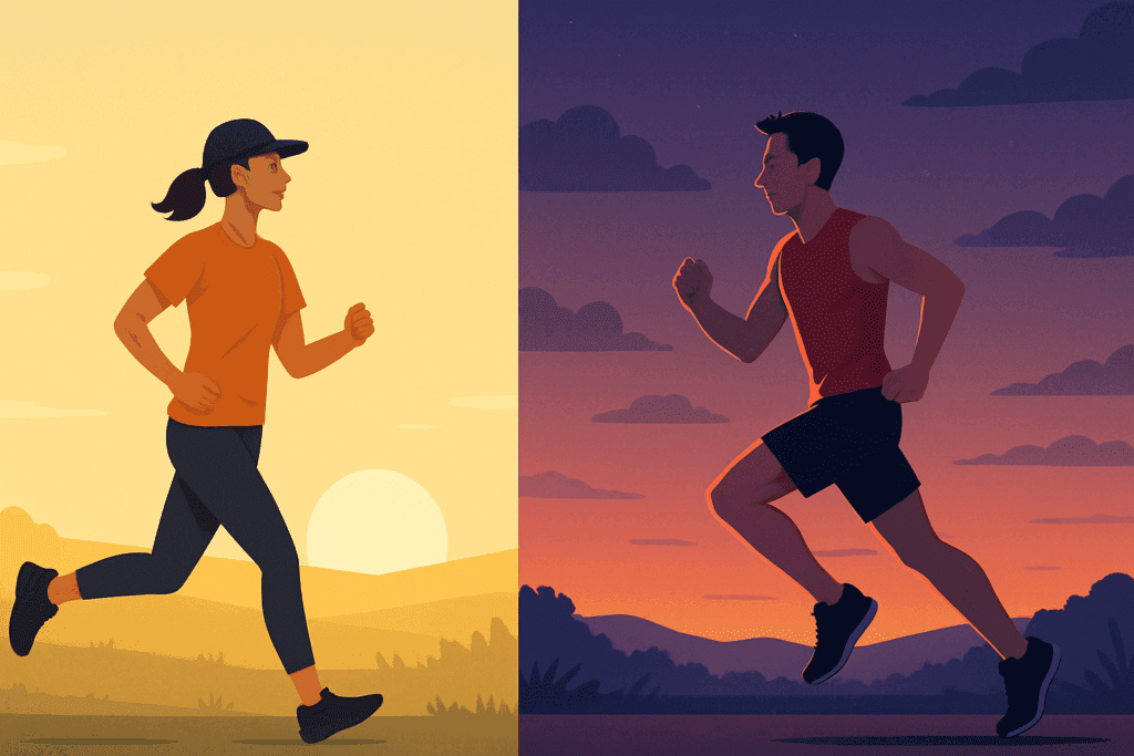 How Many Hours a Week Should You Work Out? Expert Insights on Exercise Time, Weight Maintenance, and Cardio Twice a Day 3 Split-scene illustration of a woman jogging at sunrise and a man running at sunset, symbolizing daily fitness routines and exploring how many hours a week should you work out