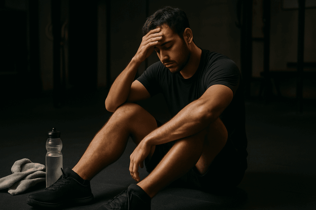 How Many Hours a Week Should You Work Out? Expert Insights on Exercise Time, Weight Maintenance, and Cardio Twice a Day 4 Exhausted athlete sitting on a dimly lit gym floor with a towel and water bottle nearby, reflecting on how many hours a week should you work out.