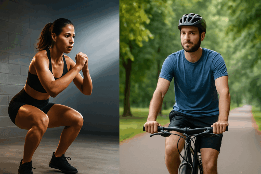 How Many Hours a Week Should You Work Out? Expert Insights on Exercise Time, Weight Maintenance, and Cardio Twice a Day 6 Side-by-side comparison showing a woman doing a high-intensity jump squat and a man cycling at a moderate pace, illustrating how many hours a week should you work out based on intensity.