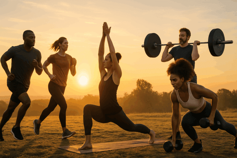 Diverse group of men and women exercising outdoors at sunrise, demonstrating how many hours a week should you work out for optimal fitness.