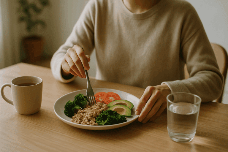 Person practicing mindful eating alone at a sunlit table with whole foods, illustrating how mindful eating habits can help you make healthier food choices.