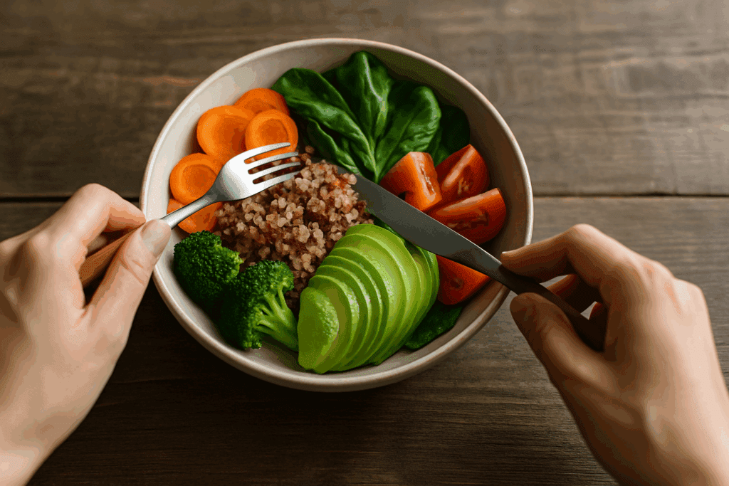 Person practicing mindful eating with a colorful quinoa salad, illustrating how mindful eating habits can help you make healthier food choices