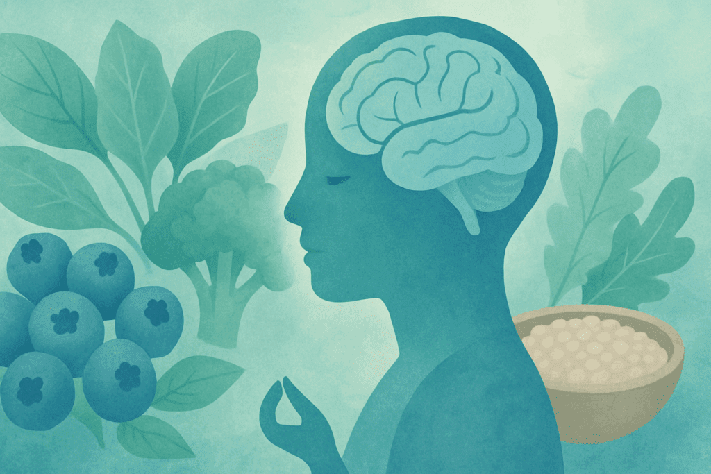 Side profile of a meditating person with brain overlay and surrounding whole foods like berries and leafy greens, symbolizing how mindful eating habits can help you make healthier food choices