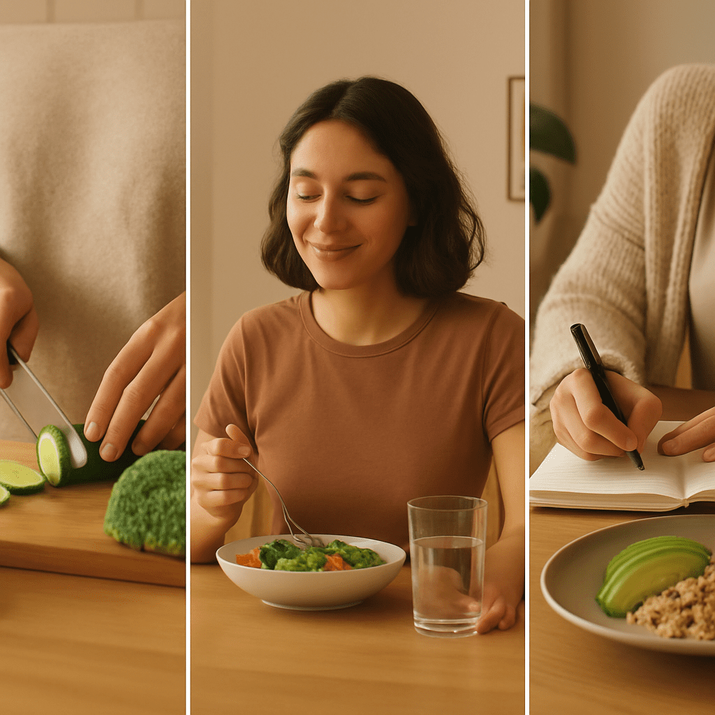 Three lifestyle scenes showing how mindful eating habits can help you make healthier food choices at home, including cooking, screen-free dining, and food journaling.