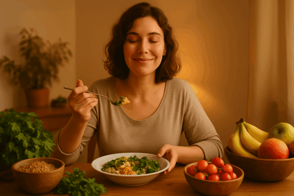 Woman peacefully eating a fresh grain and vegetable bowl at a warmly lit table, illustrating how mindful eating habits can help you make healthier food choices.