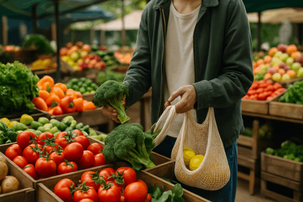 Person choosing seasonal produce at a farmer’s market with reusable bags, illustrating how mindful eating habits can help you make healthier food choices.