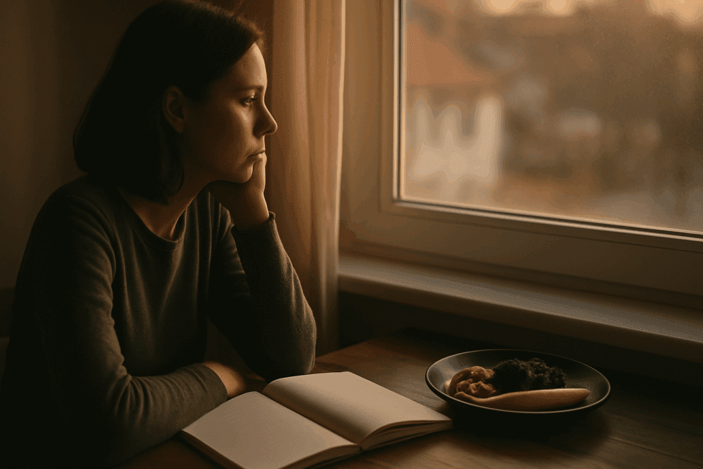 Woman reflecting by a window with untouched food and journal, illustrating how mindful eating habits can help you make healthier food choices.