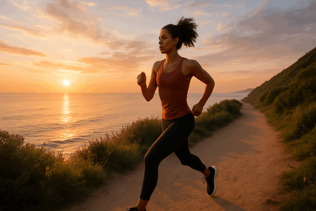 Athletic woman jogging on a coastal trail at sunrise, symbolizing balance and vitality for understanding how much cardio is too much.