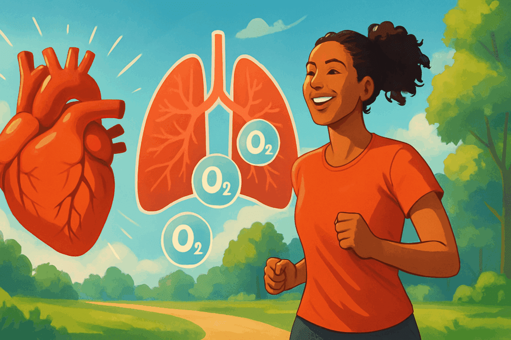 Strong heart, healthy lungs, and smiling jogger in a lush park illustrating how much cardio is too much for optimal fitness.