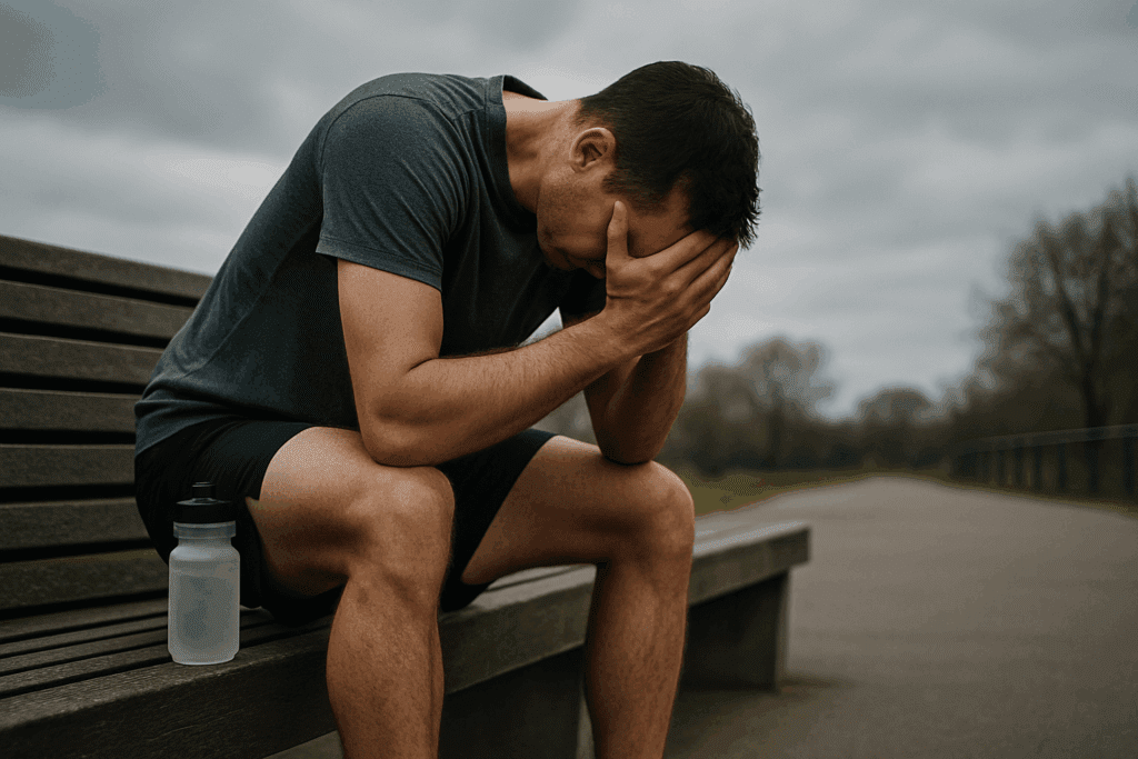 Fatigued runner sitting on a park bench under cloudy skies after intense workout, illustrating how much cardio is too much.