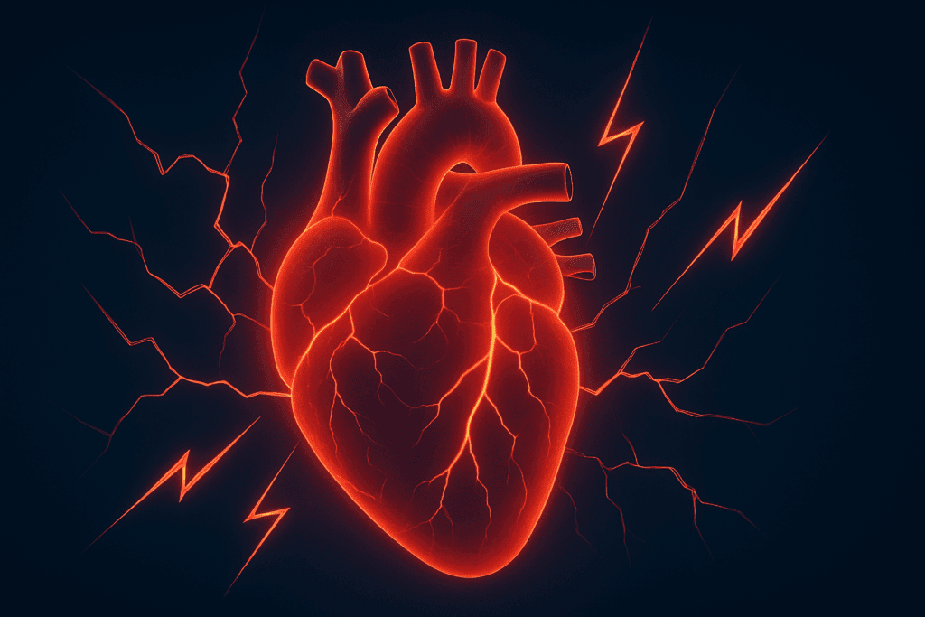Anatomical illustration of a human heart under strain with red lightning cracks, symbolizing how much cardio is too much.