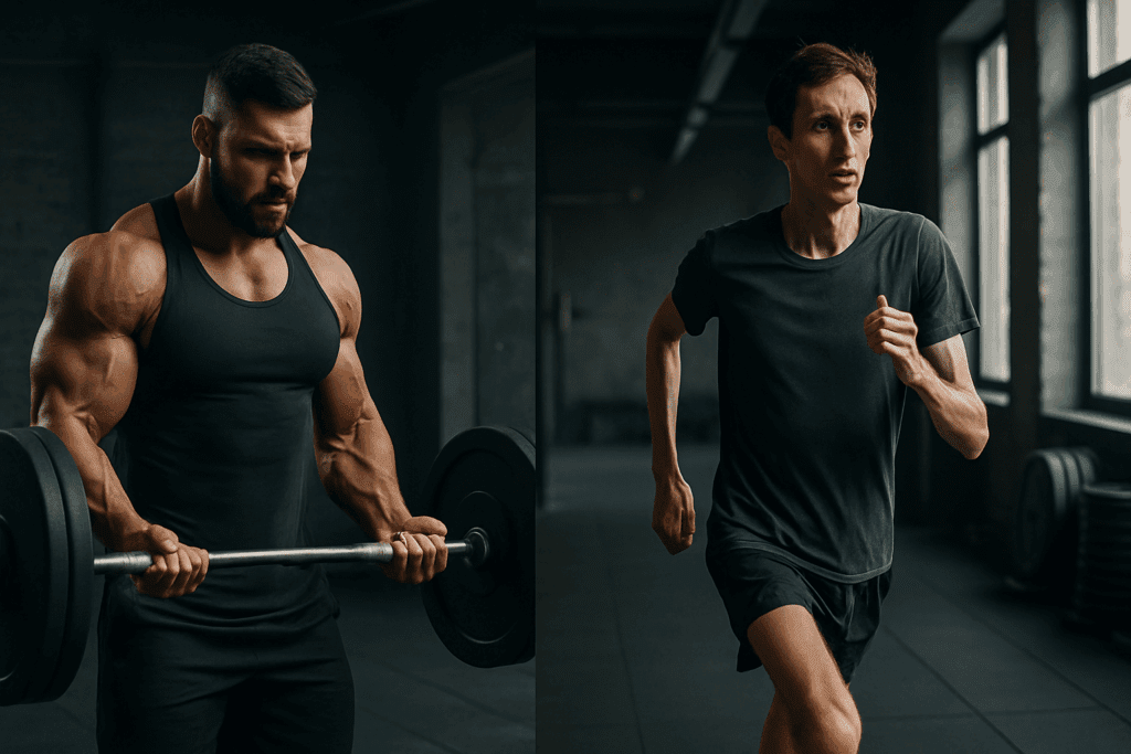 Muscular man lifting weights and thin runner showing muscle loss side-by-side in a gym, illustrating how much cardio is too much.