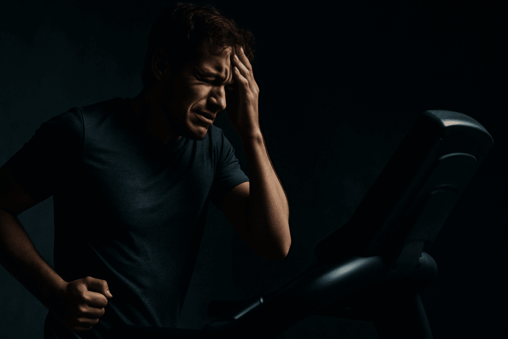 Person running on a treadmill in a dark room with emotional distress, symbolizing how much cardio is too much and its mental health impact.