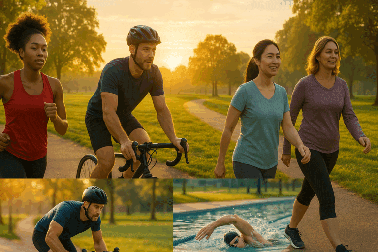 Diverse group of adults jogging, cycling, swimming, and walking at sunrise in a park, illustrating how much cardio per day to lose belly fat.