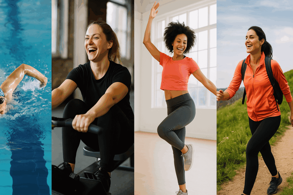 Collage of diverse people doing swimming, rowing, dancing, and uphill walking to show how much cardio per day to lose belly fat