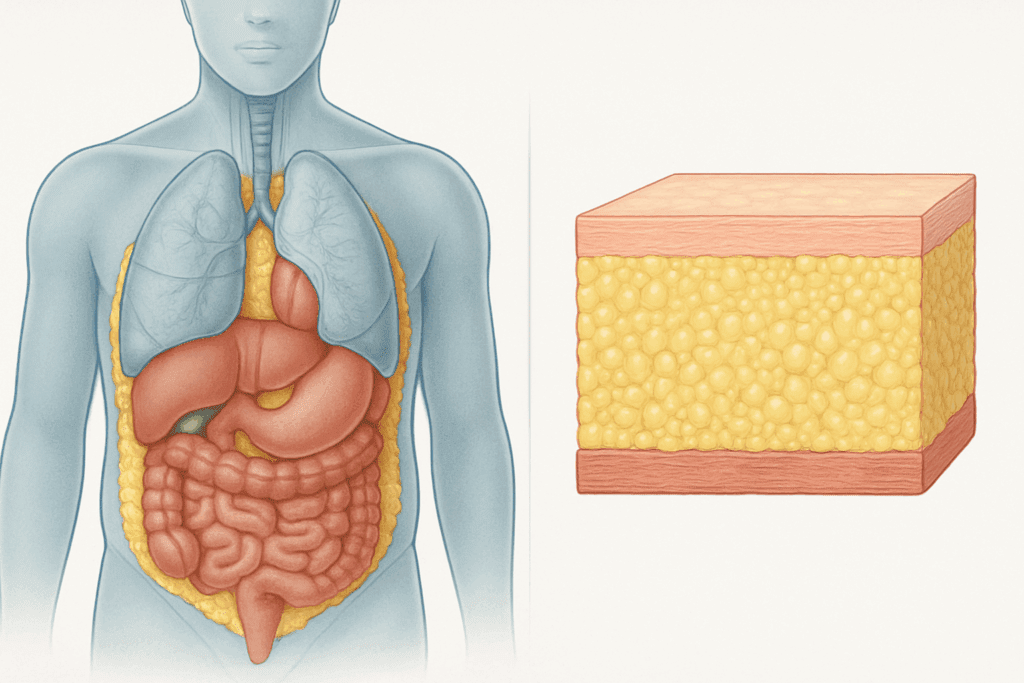 Anatomical illustration comparing visceral and subcutaneous fat in a human torso, showing internal fat around organs versus fat under the skin—used to explain how much cardio per day to lose belly fat