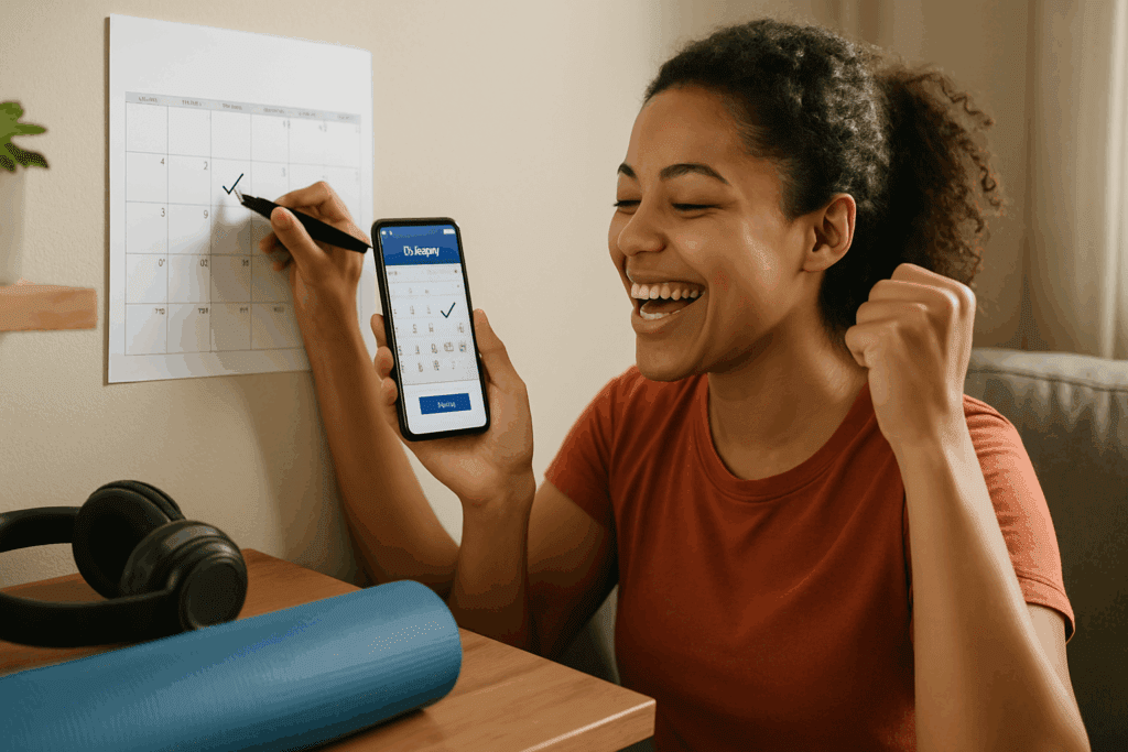 Smiling woman marks a workout completed on a home calendar while holding a fitness app, celebrating progress toward how much cardio per day to lose belly fat.